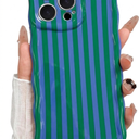 for iPhone 14 Case, Cute Striped Pattern and Curly Wavy Edge Aesthetic Gloss Phone Case, Stylish Slim Shockproof Soft TPU Protective Cover for iPhone 14, Blue Green
