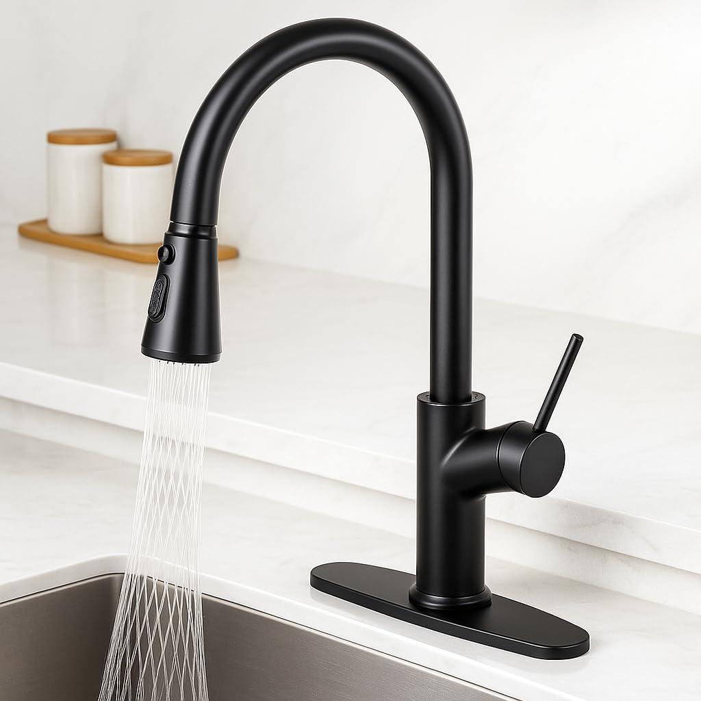 Kitchen Faucet with Pull Down Sprayer Matte Black, High Arc Single Handle Kitchen Sink Faucet with Deck Plate, Stainless Steel Faucet for Kitchen Sink for Farmhouse Laundry Rv
