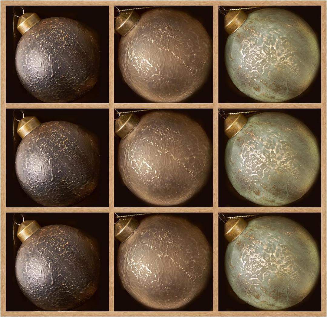 DN DECONATION Christmas Tree Ball Ornaments Set of 9, Brown & Green 3.14 Glass Ball Ornaments, Decorative Hanging Ornaments for Christmas Tree, Holiday Decorations Winter Decor Gift Indoor (Matte 3 Color and Gold)