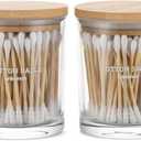 2 x Glass Qtip Holder 2 Pack , Qtip Holder Dispenser Bathroom Set Bathroom Organizers and Storage Q tip Holder with Lid Makeup Storage Organizer for Cotton Swabs,Cotton Balls,Pads,Floss Picks Transparent