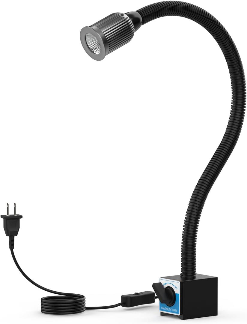 Magnetic Light, 1200 Lumen 120v Flexible Gooseneck Work Light with Adjustable Magnetic Base for CNC Milling Drill Press Sewing Machine Industrial Lighting, 12W
