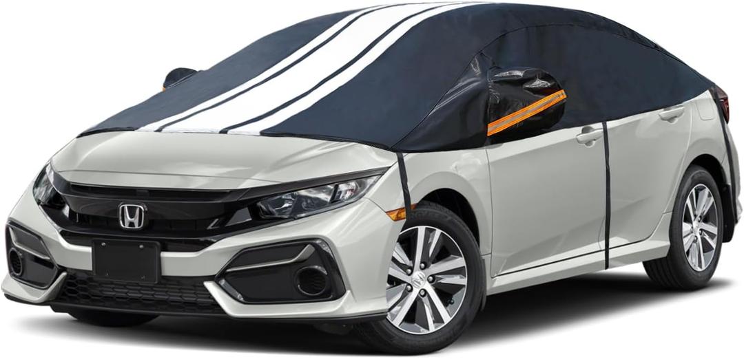 Universal Half Car Cover for Sedan, Windshield Cover for Ice and SnowRoof Cover Waterproof All Weather Dustproof ,Outdoor Indoor All Season Sun, Rain, UV Protection.Front Rear Window Cover.3L (3L: Sedan (Length UP To 127inch), black white)