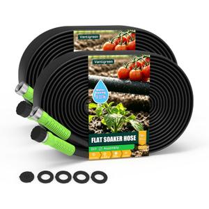 Flat Soaker Hose 100FT for Garden, 2Pack 50FT Upgrade Drip Irrigation Hose with Anodized Metal Ends and Heavy Duty Double-Layer, Leakproof & Flexible Water Saving 80% Hose for Lawn, Beds, Vegetable