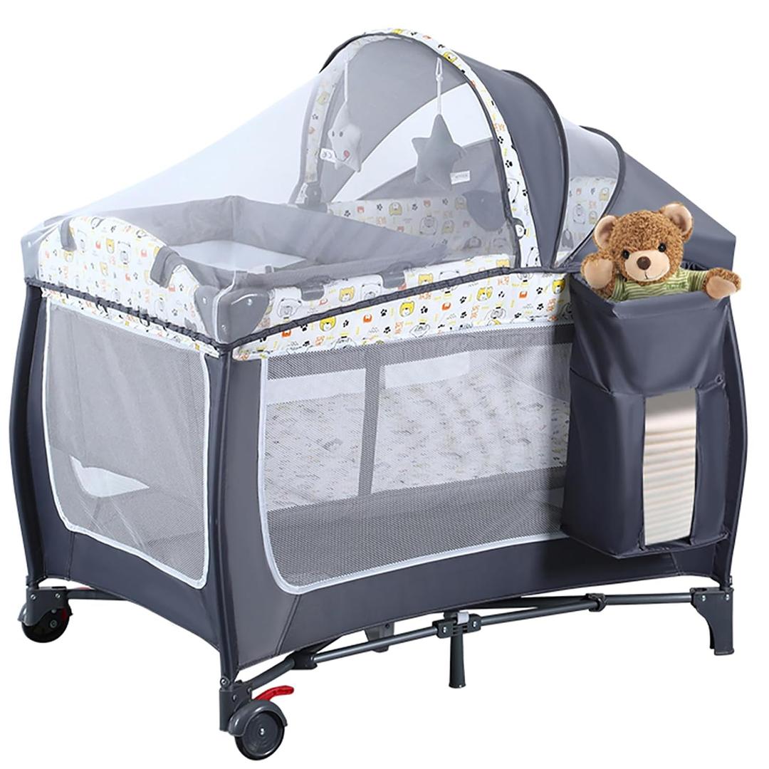 4 in 1 Pack and Play,Foldable Baby Playard with Changing Table,Travel Crib for Infants & Toddlers,Portable Playpen with Breathable Mesh,Wheels & Storage Bag,Grey