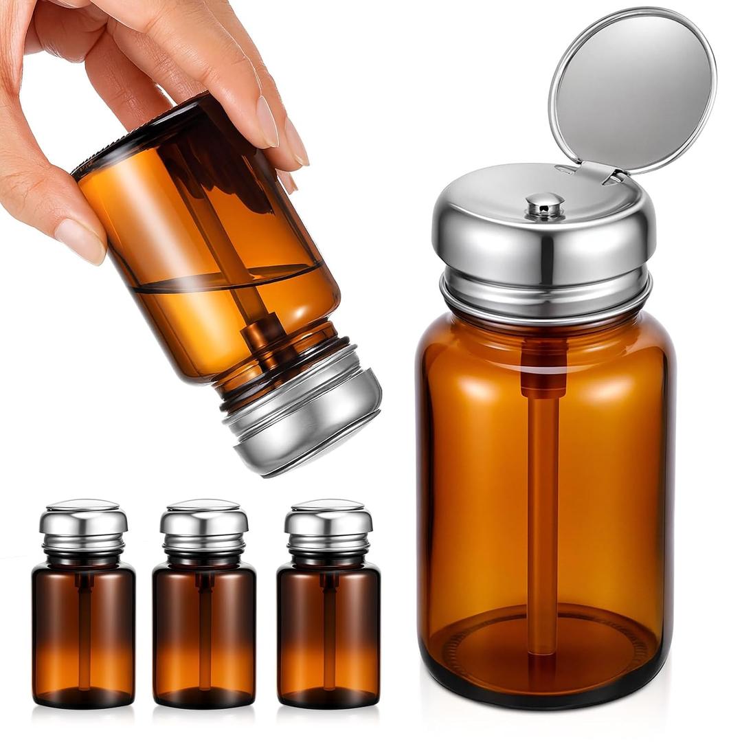 Teenyyou 4 Pcs Amber Glass Dispensing Bottles for Nail Polish Remover Amber Glass Distribution Bottles with Stainless Steel One Button Pump, Capacity of 4oz for Dispensing Glue Hand Sanitizer Toner