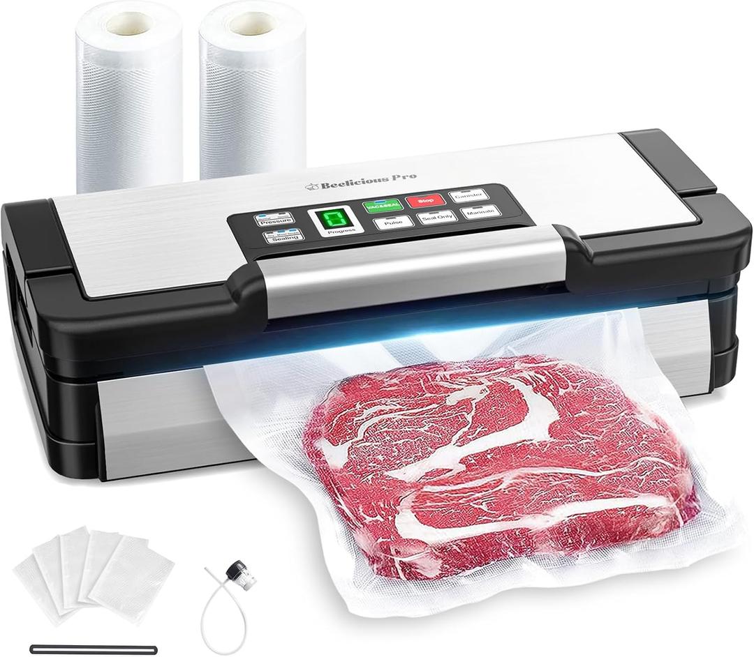 90Kpa Powerful Vacuum Sealer, with 10-in-1 Functions,Double Seal & Double Pump,Built-in Cutter&Hose,Handle-Ease Design, Vacuum Sealer Machine for Food with Bags Storage, Stainless Steel