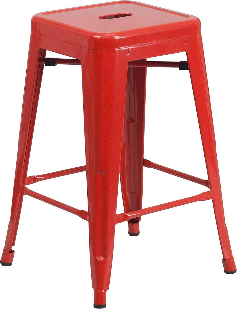 Flash Furniture Kai Commercial Grade 24" High Backless Red Metal Indoor-Outdoor Counter Height Stool with Square Seat, Pack of 1