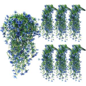 6 Pcs Spring Artificial Hanging Flowers Outdoor Faux Silk Mum Plant Decor Violet with Eucalyptus Realistic UV Resistant Trailing Vine Spring Porch Yard(Light Blue,Violet)