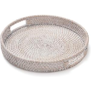 11.8 inch Round Rattan Tray, Decorative Coffee Table Trays, Ottoman Tray, Woven Serving Tray with Handles, Wicker Serving Basket, Whitewash