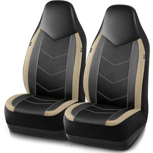 PIC AUTO Leather Car Seat Covers, Sports Carbon Fiber & Mesh Design, High-Back Two Front Set, Waterproof Automotive Seat Covers, Airbag Compatible, Universal Fit for Most Cars (Black & Beige)