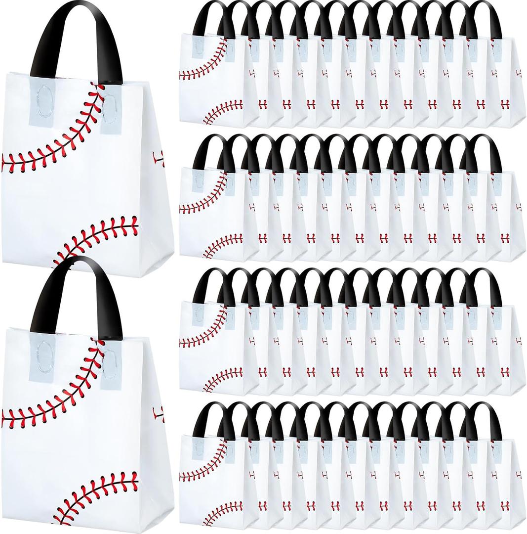 Flutesan 50 Pcs Baseball Party Favor Bags 6 x 8 Inch Plastic Baseball Snack Goodie Bags Tote Gift Packaging for Kids Boys Birthday Sports Theme Party Supplies
