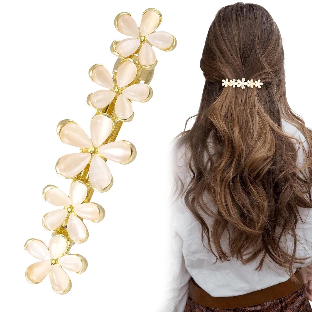 2.6inch Gold Flower Hair Clip Sparkly Opal Wedding Barrettes Rhinestone Crystal Halloween Christmas Fancy Hair Pin Decorative Accessories for Women Thick Long Hair