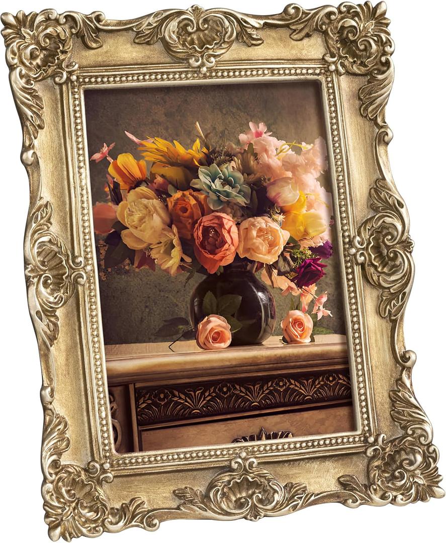 eletecpro 5x7 Vintage Picture Frame with Real Glass Cover, Ornate Antique Photo Frame, Display 5x7 Picture for Tabletop or Wall Hanging Horizontal & Vertical, Gold Home Decor for Gallery Art