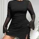 BEAUDRM Women's Plus Size Bodycon Dresses Long Bell Sleeve Wedding Guset Dress Mesh Sheer Party Club Mini Short Dresses (Black)