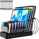 Charging Station for Multiple Devices, 100W 10 Ports Charging Dock with 10 Cables Smart IC Tech and Adjustable Dividers Type-CMulti USB Charger for iPhone Galaxy iPad TabletBlack