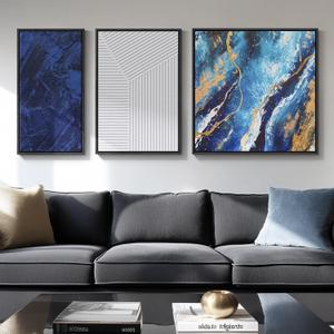 Framed Blue Abstract Wall Art Set, 3-Piece Blue White Gold Canvas Prints Paintings Artwork for Walls, Modern Abstract Pictures for Living Room, Dining Room, Bedroom, Home Office Wall Decor