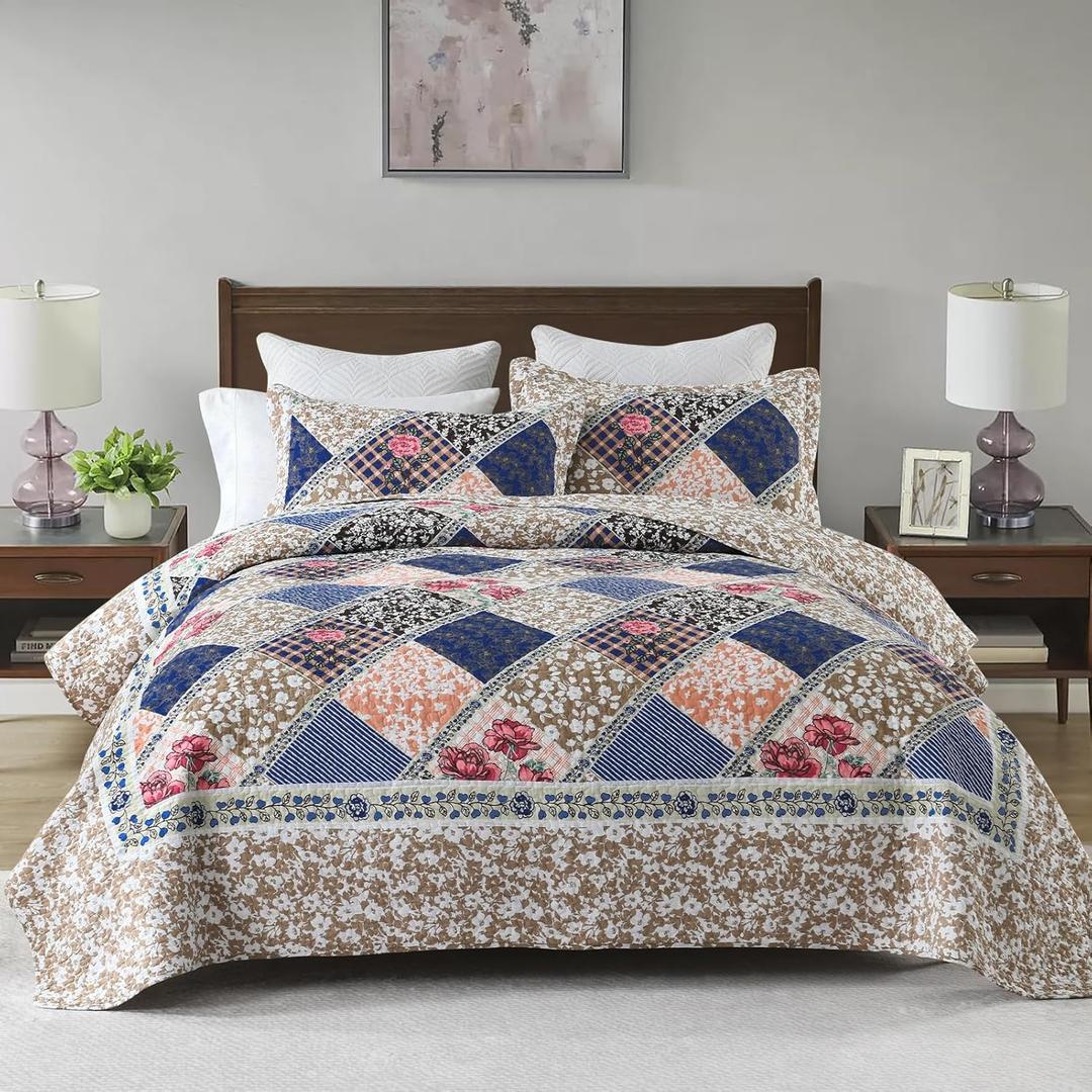 KALOOLA Oversized Bedspread Quilt 128x120, 100% Cotton Floral Bedspreads King Size, Lightweight Plaid Reversible Coverlet Comforter Set with Pillow Shams, 3 Pieces, Navy