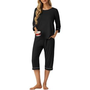 PrinStory Women's Pajama Set Capri Pjs Sets 2 Piece Soft Lounge Sets Sleepwear with Pockets (Black, M)
