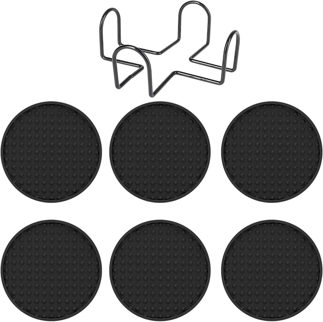 6Pcs Coasters for Drinks with Holder, 7 Solid Colors Anti-scald Sturdy Lightweight Drink Coasters, 4 Inches Round Silicone Coffee Mat for Dinner,Table,Bowl Black
