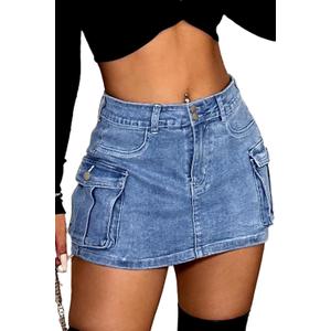 ELLEVEN High Stretchy Denim Cargo Skort for Women, High Waist, Casual Mini Y2K Jean Skirt Shorts with Pockets (Large)