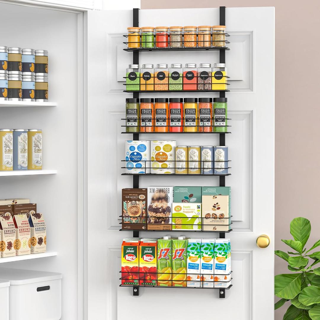 6-Tier Over The Door Spice Rack, Large-Capacity Adjustable Hanging Pantry Organizer 3 Size Baskets, No-Sway No-Drill Door Mount, Heavy-Duty Rustproof Steel, 15.75 Wide, Black