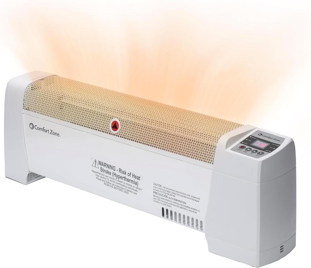 Comfort Zone 1500W Baseboard Heater for Indoor Use, Digital Adjustable Thermostat, 2 Heat Settings, 12H Timer, Dent-Proof Ends, Portable Electric Heater with Overheat & Tip-Over Protection, White