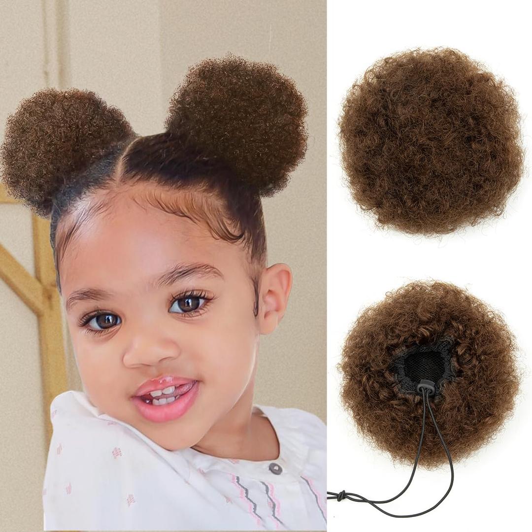 isheeny Small Human Hair Ponytail Extension For Kids 2-5 Years Old, Brown Human Hair Bun Small Drawstring Ponytail For Little Girls, Curly Hairpiece Natural, Soft, And Durable For Repeated Use (Small 1PCS, Brown)