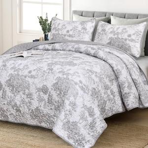 WONGS BEDDING Grey Quilt Set King Size, 3 Pieces Botanical Bedspreads Set Lightweight Microfiber Grey Toile Plants Pattern Coverlet Home Decor for All Seasons(104"90")