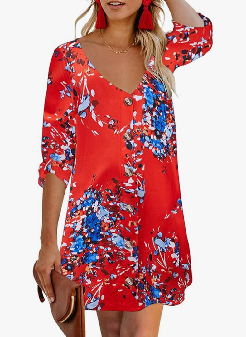AlvaQ Women Summer Dresses 2024 Strappy Button V Neck Sleeveless Beach Sundress Casual Swing A Line Short Mini Dress L