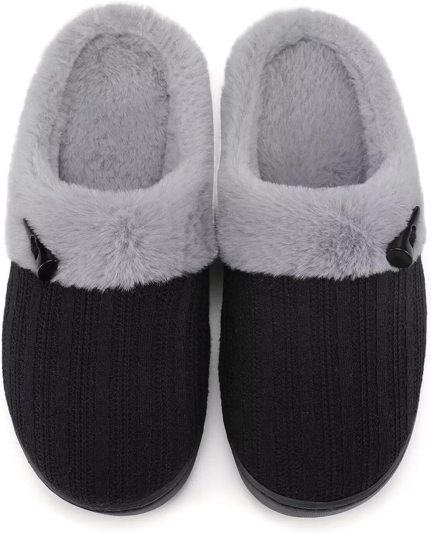 NineCiFun Women's Slip on Fuzzy Slippers Memory Foam House Slippers Outdoor Indoor Warm Plush Bedroom Shoes Scuff with Faux Fur Lining (9-10, Black Grey)
