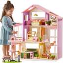 Tiny Land Wooden Doll House, Modern Family Dollhouse with Realistic Design, 7 Rooms Dollhouse with 49 PCS Accessories, Montessori Pretend Play Toddler Toy, Ideal Gift for Kids Ages 3+, Pink