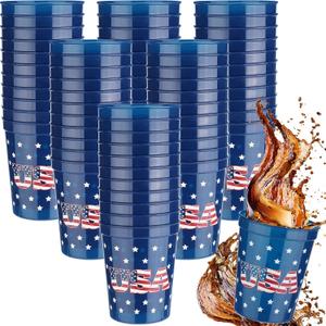Sabary 64 Pieces Patriotic Plastic Cups American Flag Party Cup for 4th of July White Red and Blue Mugs 16 oz Star Tumbler for Independence Day Supplies 250 Anniversary Decoration Gift(Star)