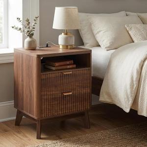 LYNCOHOME Fluted Nightstand with Charging Station, 19.7 inch Wide End Table with 2 Drawers, Modern Wood Bedside Table for Bedroom,Brown,1 Pcs (Walnut)