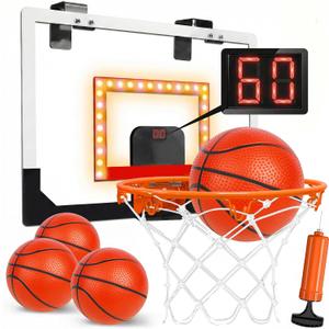TOY Life Basketball Hoop LED Scoresboard Indoor Basketballhoop Wall Mount Over The Door Backboard for Teens Adults Boys Toys Age 8-10 Games Indoor with 4 Balls, White-score-led