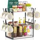 EsLuker.ly 2 Tier Coffee Mug Holder Station Bar Organizer Countertop, Mug Cup Tree Rack for Kitchen Office, Storage Shelf with 12 Hooks, Creat Stylish Coffee Corner, White-Black