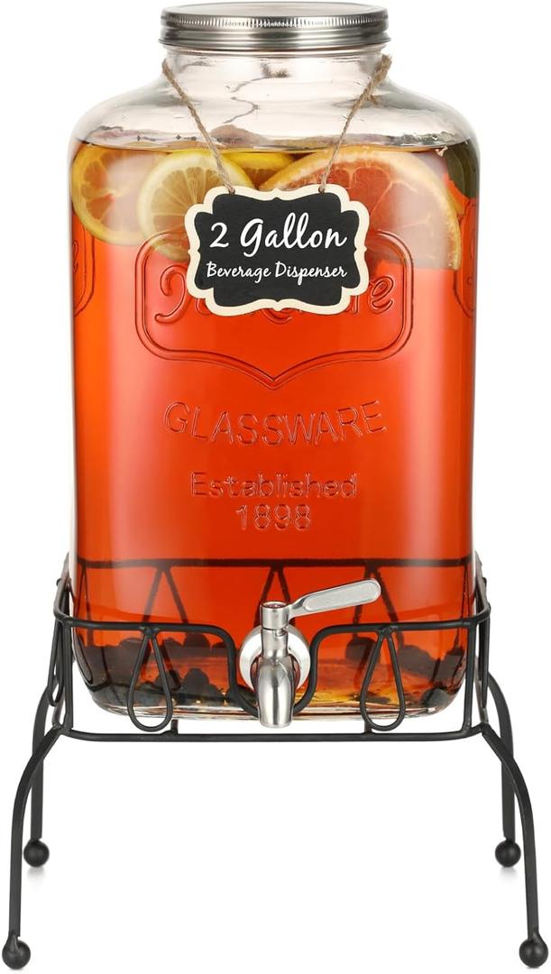 2 Gallon Glass Drink Dispenser with Stand, Stainless Steel Leakproof Spigot and Lid, Glass Drink Dispensers for Parties, Water Beverage Dispenser