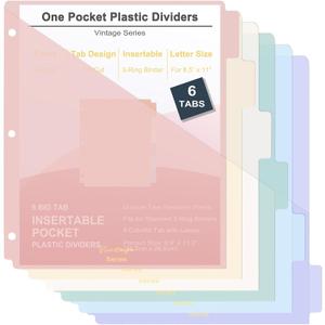 6 Tabs Binder Dividers with Pockets, Binder Dividers with Tabs for 3 Ring Binder Letter Size, Durable Plastic Binder Organizer, Vintage, 1 Set (Pink)