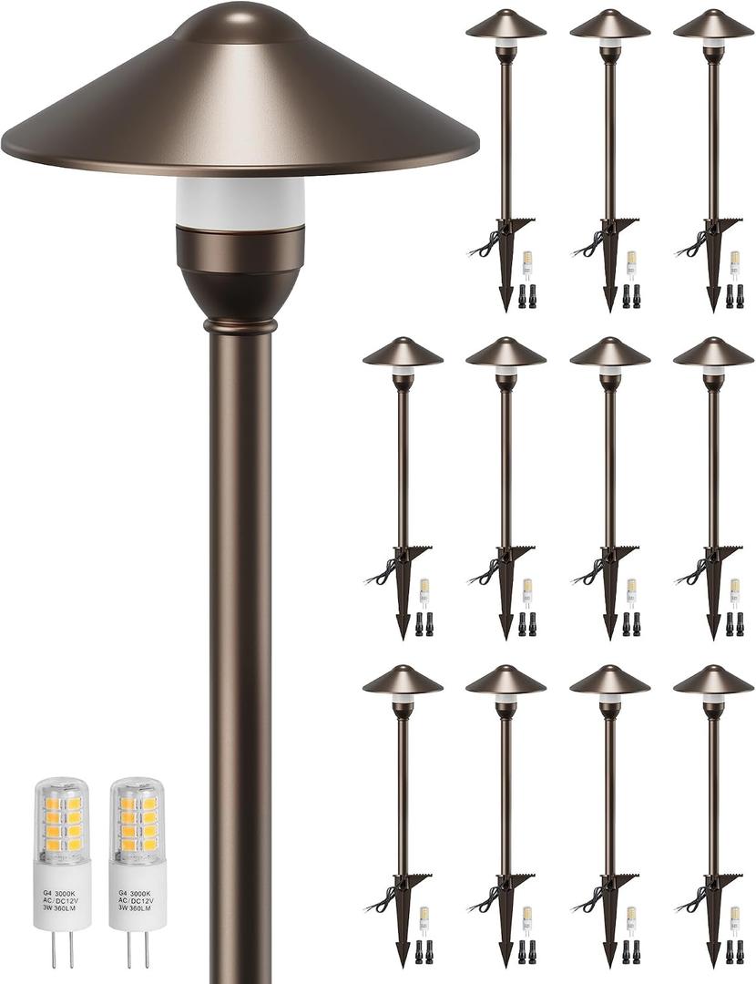 PARTPHONER Low Voltage Landscape Lighting 12-Pack, Aluminum 12V Pathway Lights with G4 Bulbs, Waterproof Oil Rubbed Bronze Color Round Shade Path Lights with Connectors for Walkway Yard Garden