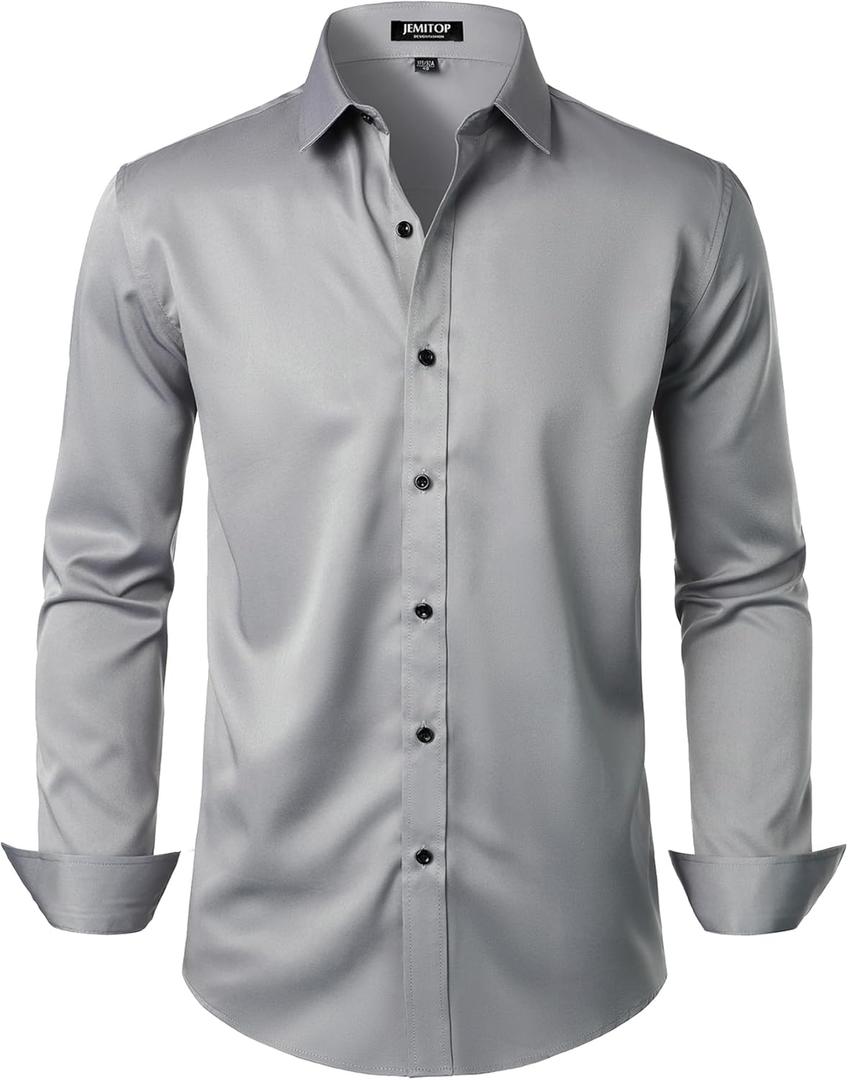 JEMITOP Men's Stretch Wrinkle Free Dress Shirt Formal Prom Wedding Long Sleeve Button Down Shirts (3X-Large, Grey)