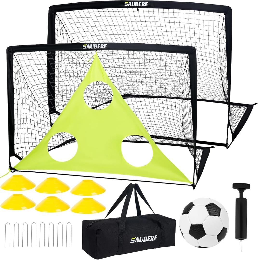 6x4 ft Kids Soccer Goals for Backyard Set of 2- Portable Pop Up Soccer Net for Backyard for Kids Toddler Youth, Soccer Training Equipment+ Soccer Goal Target, Ball and Cones, Outdoor Soccer Game (Black)