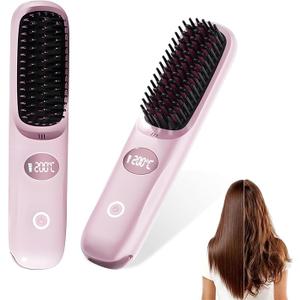 Go Brush Pro Portable Cordless Hair Straightener Brush for Travel, Fast Heating Straightening Comb with LCD Display & F/C Switch, Rechargeable Anti-Frizz Styling Tool for Smooth Shiny Hair, Pink