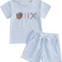 Baseball Toddler Baby Boy Girl Clothes Striped Short Sleeve T-shirt Tops Elastic Waist Shorts Set 2Pcs Summer Outfit (Blue, 2-3T)