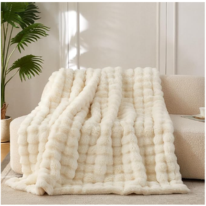 COOVA Faux Fur Throw Blanket for Couch, Cozy Soft and Fuzzy Plush Rabbit Fur Bubble Blanket for Sofa Bedroom Living Room, 50x60 Inches Ivory White