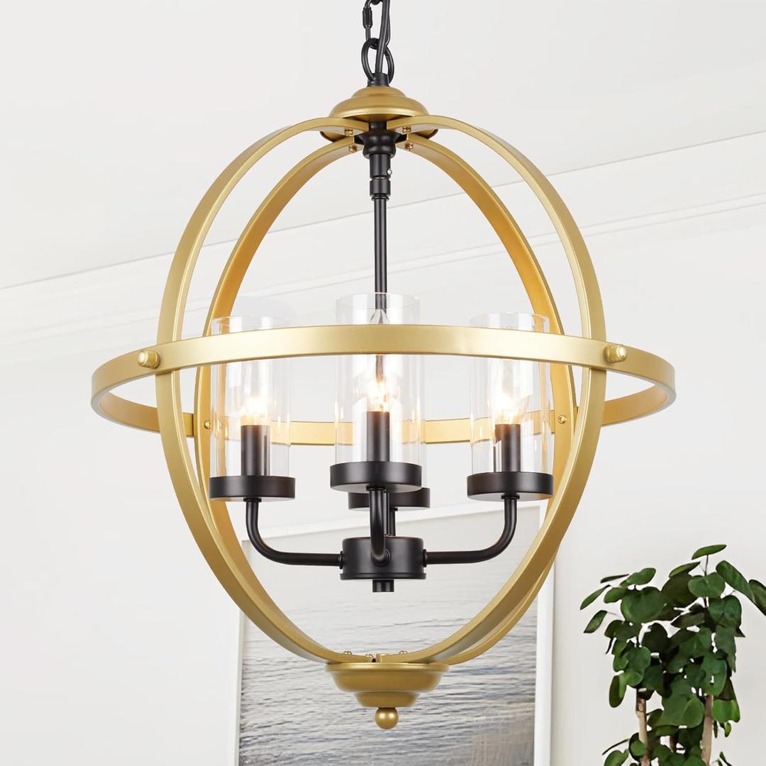Treekee 4-Light Globe Orb Chandelier, Adjustable Pendant Light Fixture, Iron, 20in , Black and Gold Finish