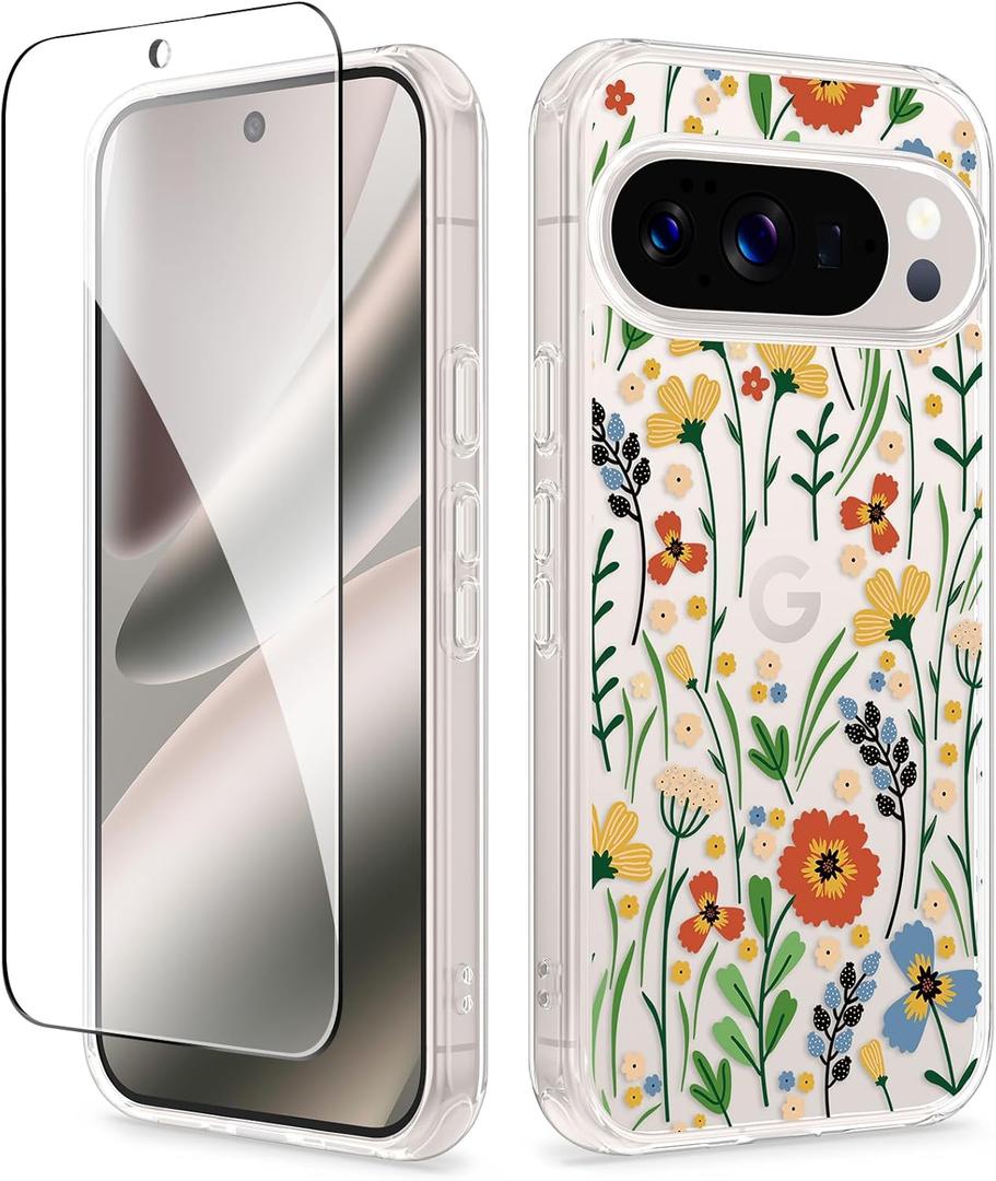 GVIEWIN for Google Pixel 10 Case/Pixel 10 Pro Case with Screen Protector, [Military Grade Drop Protection] Non Yellowing Clear Floral Slim Phone Cover for Women 2025 6.3" (Blooming Flowerets/Orange)