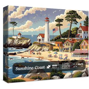 Summer Ocean Beach Puzzles for Adults 1000 Pieces. Funny Lighthouse Coast Art Jigsaw Puzzles. Challenging Beautiful Landscape Scenery Puzzles
