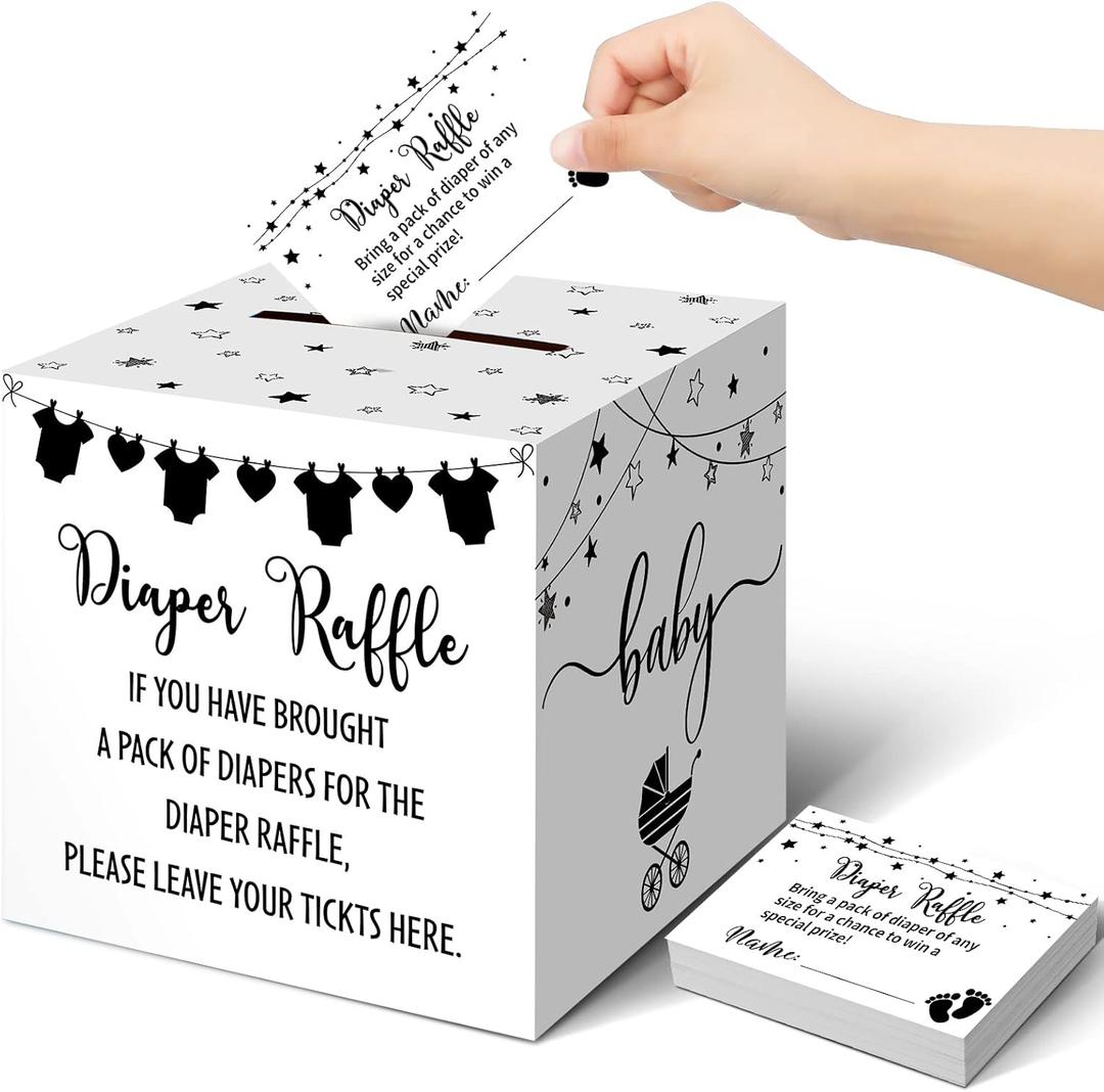Teling 51 Pieces Diaper Raffle Tickets with Card Box Baby Shower Decorations Baby Shower Holder Box for Girl Boy Diaper Raffle Party(Fresh Style)