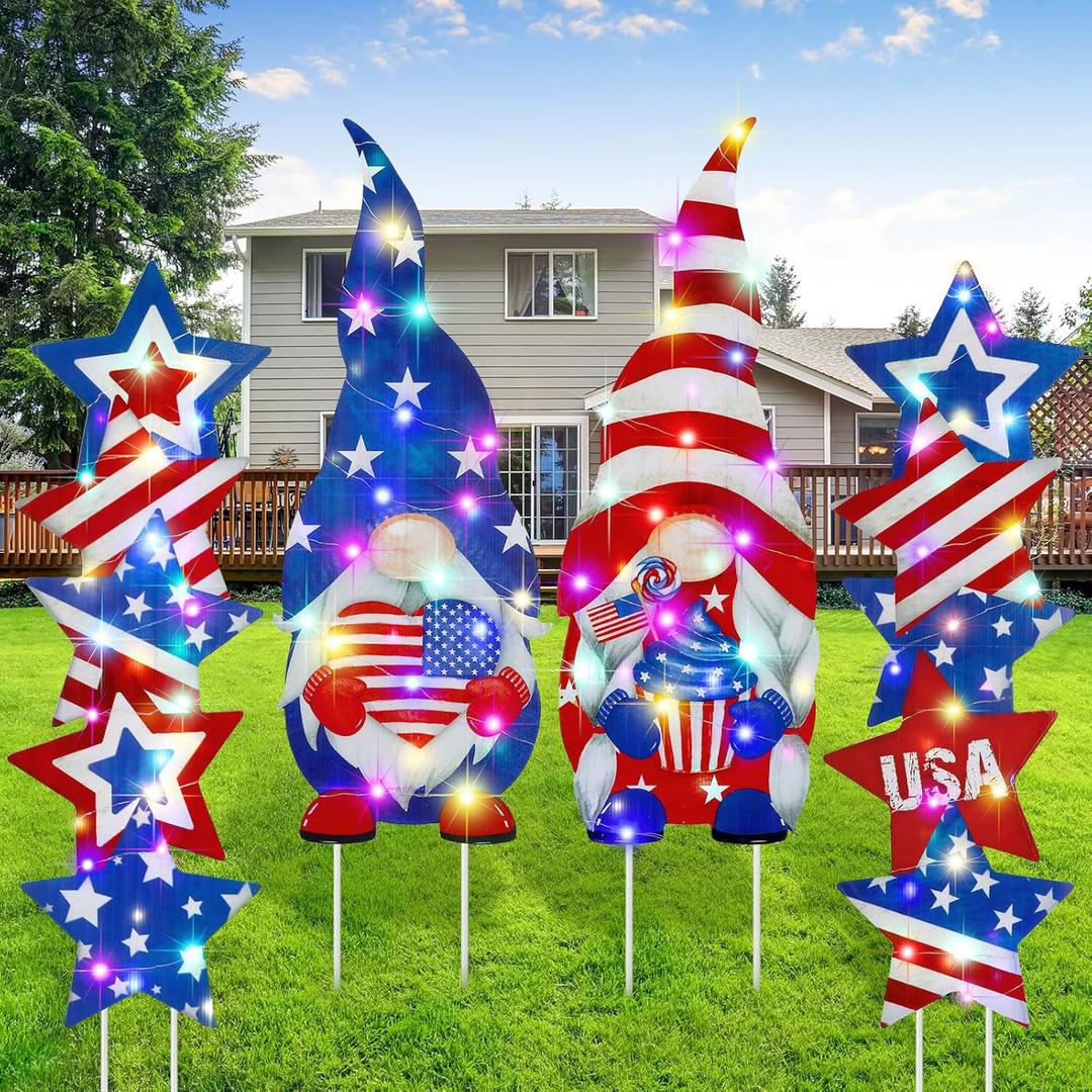 Bencailor 4 Set 4th of July Yard Signs LED 250th Anniversary Patriotic Outdoor Lawn Decor Waterproof USA Red White and Blue Yard Stakes for Independence Day(Mainly Red, Blue and White,4th of July)