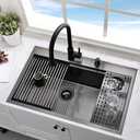 Black Kitchen Sink with Cup Washer-Hovheir 31x20 Black Stainless Steel Drop In Kitchen Sink Workstation 16 Gauge Deep Single Bowl Top Mount Sinks with Grass Rinser, Cutting Board, 31"x20"x10"