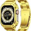 MioHHR Stainless Steel Band and Case Compatible with Apple Watch Band 49mm, Men Metal Protective Bumper Cover for iWatch Series Ultra 3/2/1, Gold